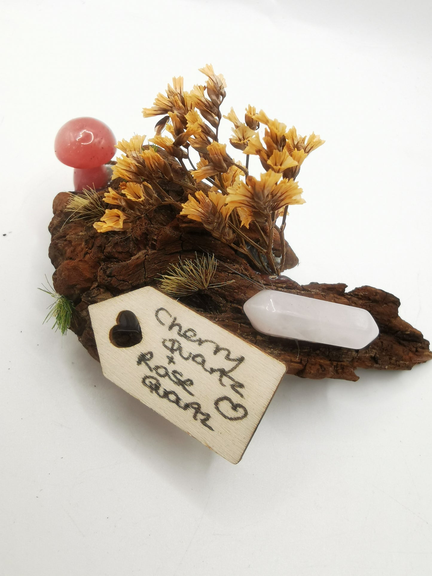 Cherry Quartz Mushroom & Rose Quartz Point Driftwood Ornament