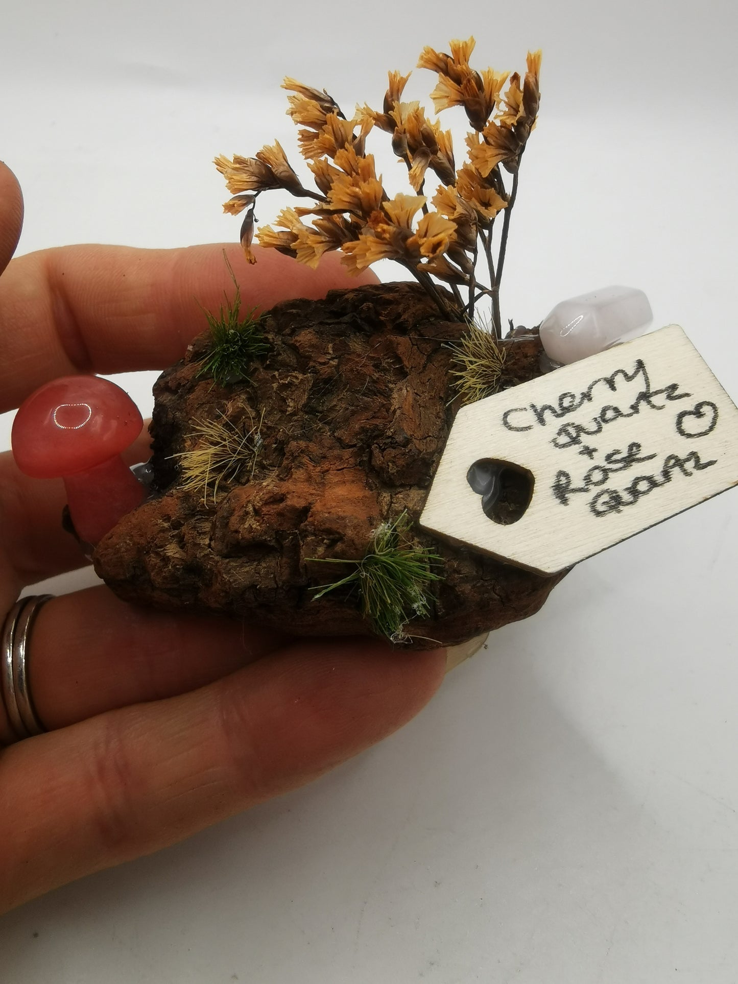 Cherry Quartz Mushroom & Rose Quartz Point Driftwood Ornament