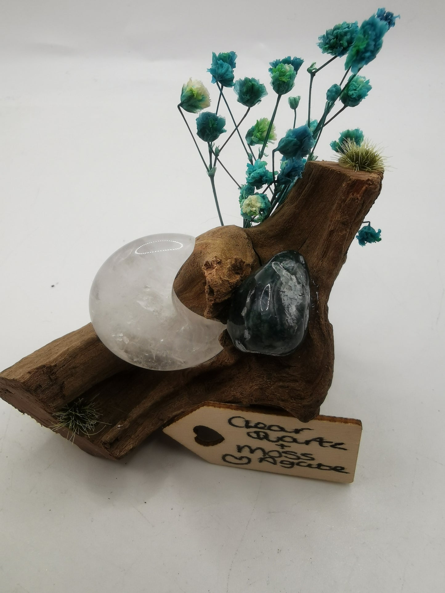 Clear Quartz Moon & Moss Agate Driftwood Ornament