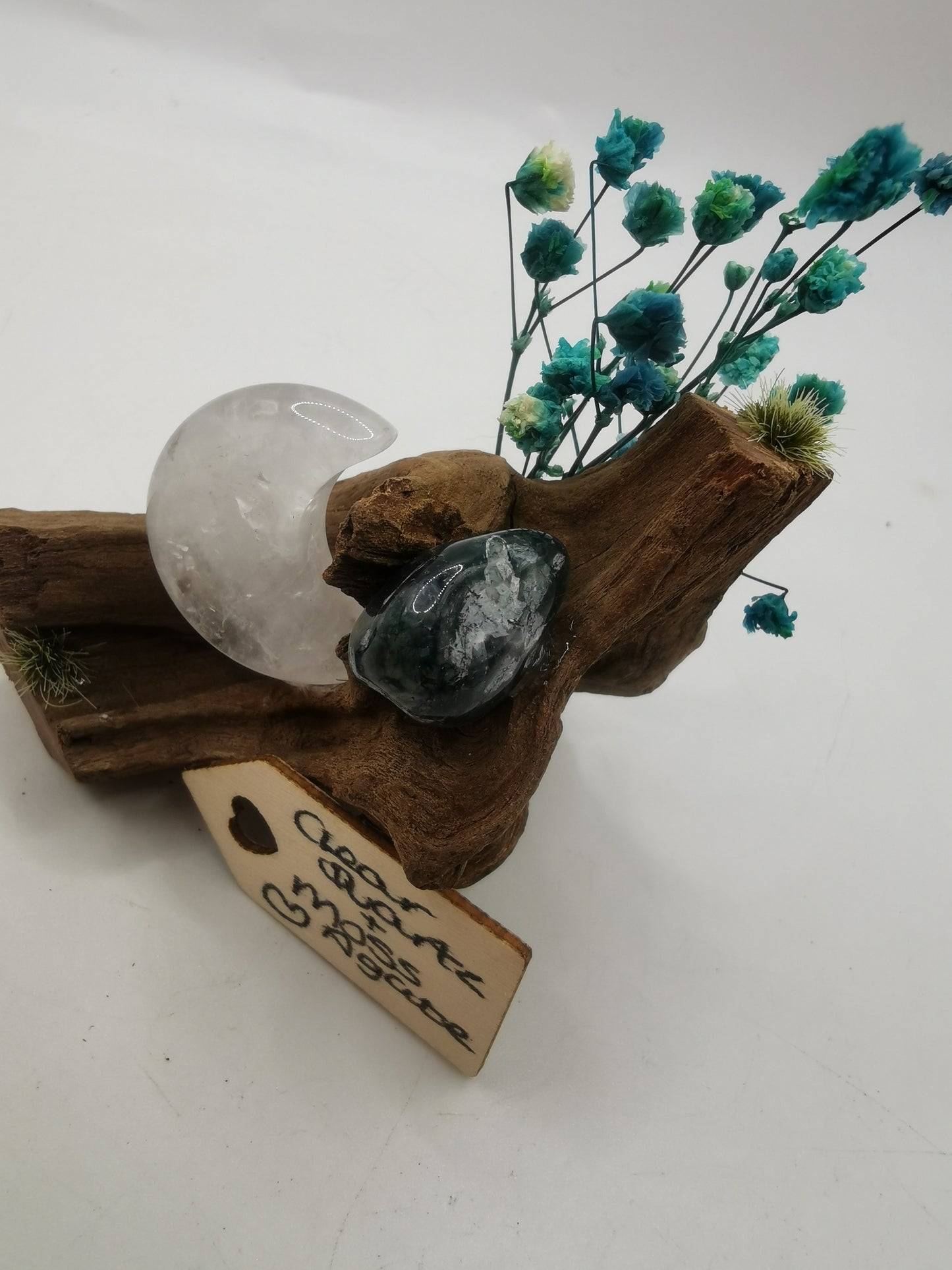Clear Quartz Moon & Moss Agate Driftwood Ornament