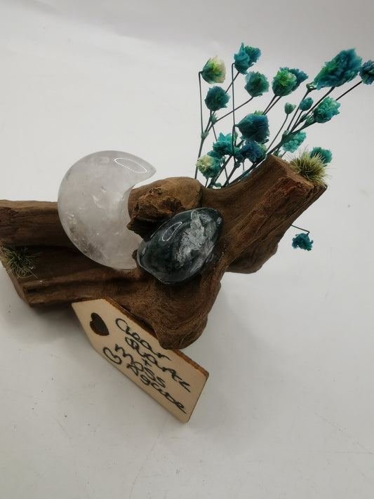 Clear Quartz Moon & Moss Agate Driftwood Ornament