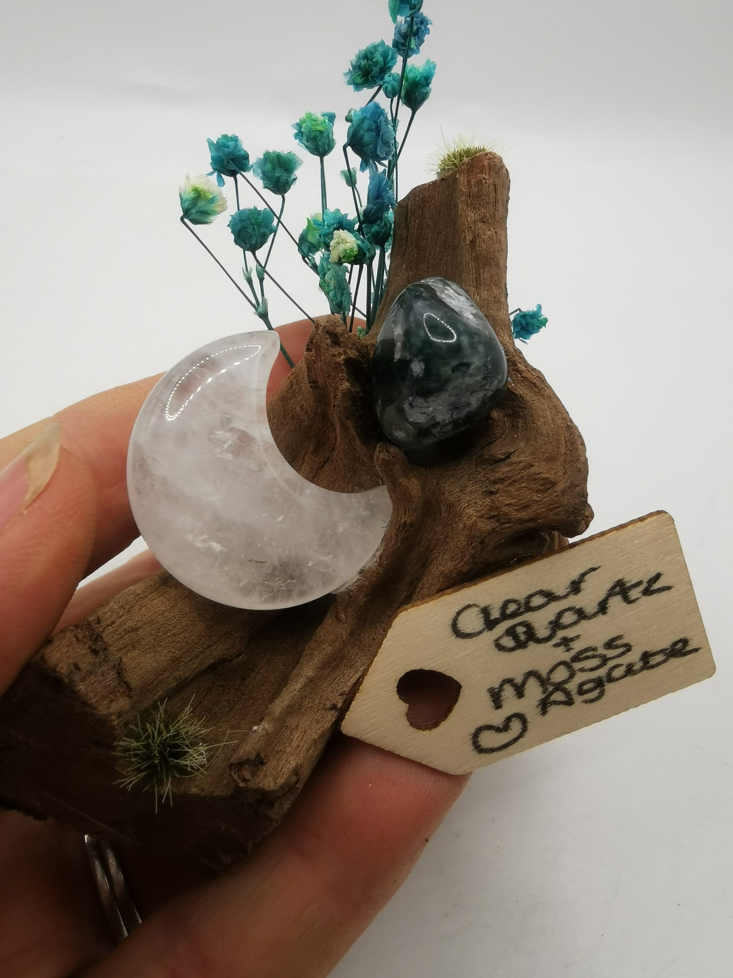 Clear Quartz Moon & Moss Agate Driftwood Ornament