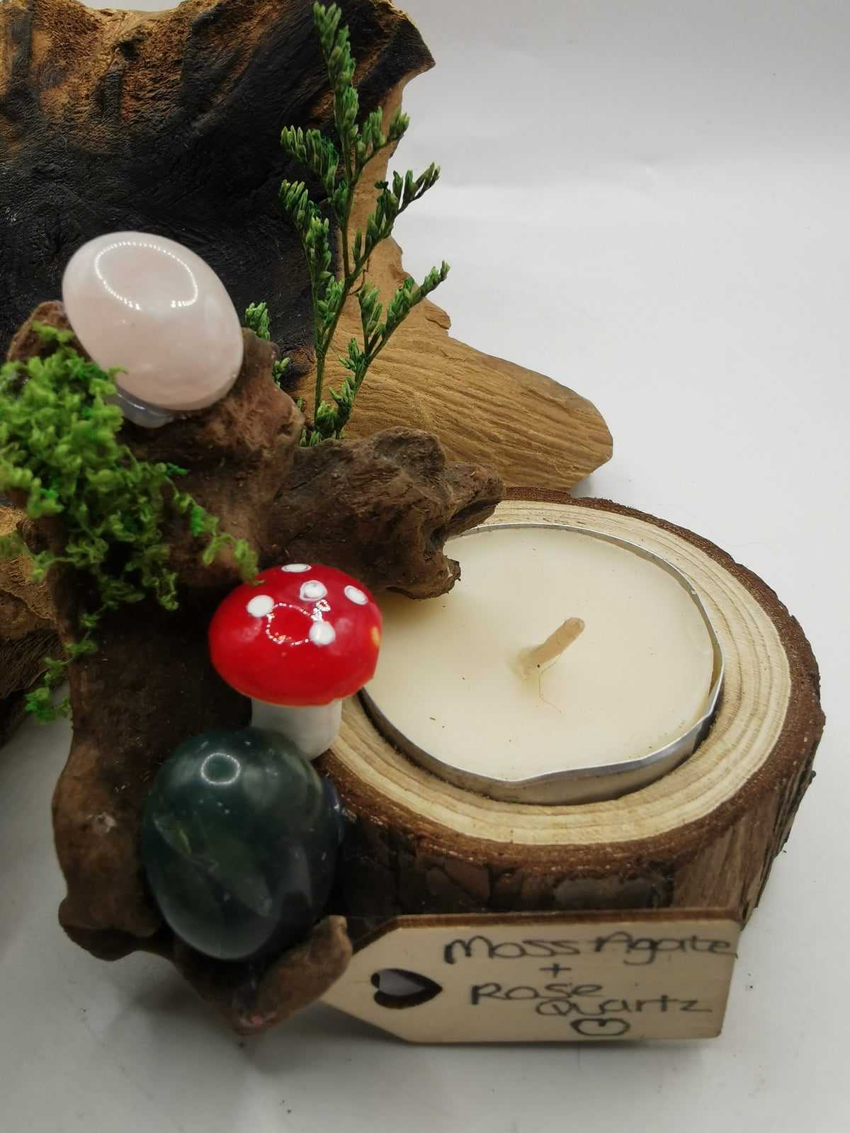 Moss Agate & Rose Quartz Driftwood Candle Holder
