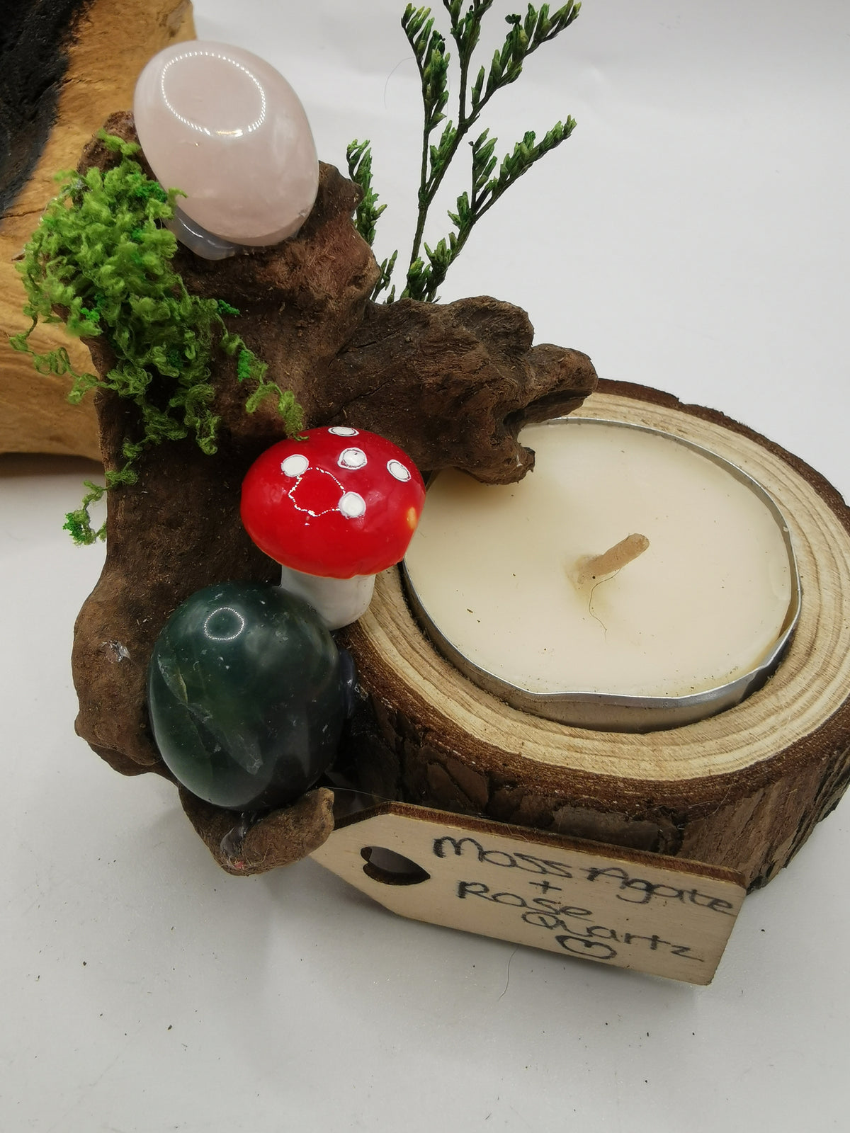 Moss Agate & Rose Quartz Driftwood Candle Holder