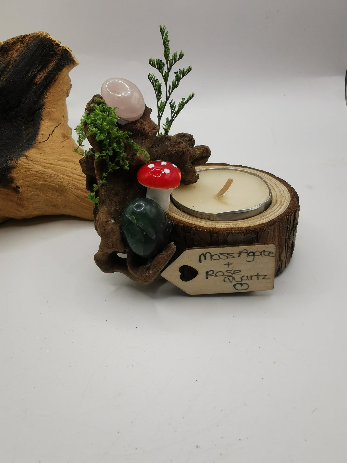 Moss Agate & Rose Quartz Driftwood Candle Holder