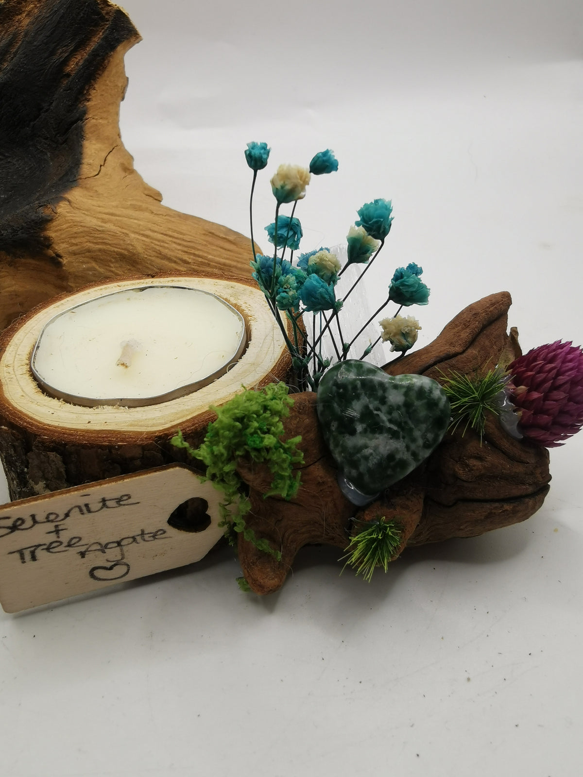 Selenite & Tree Agate Heart Candle Holder
