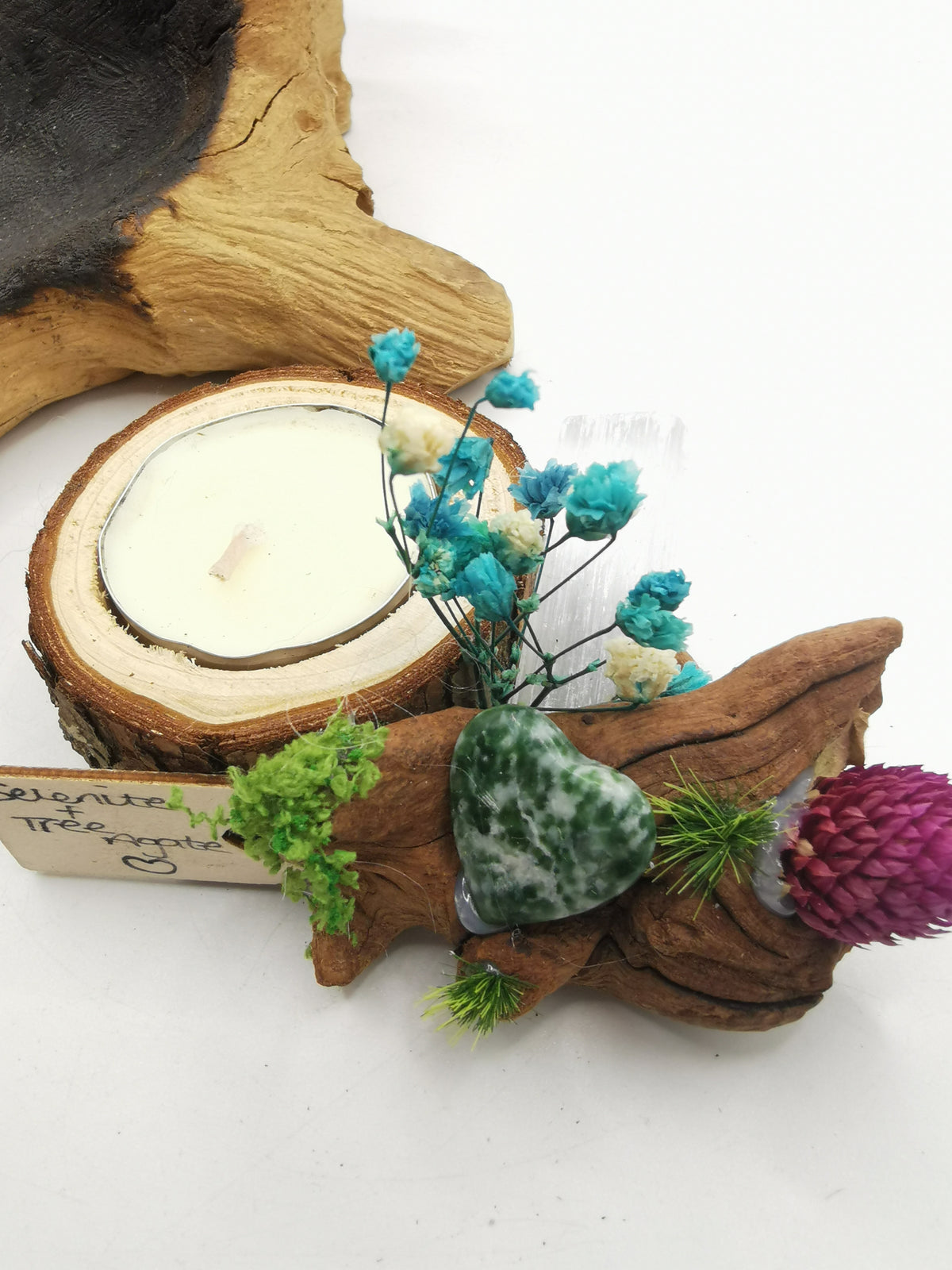 Selenite & Tree Agate Heart Candle Holder