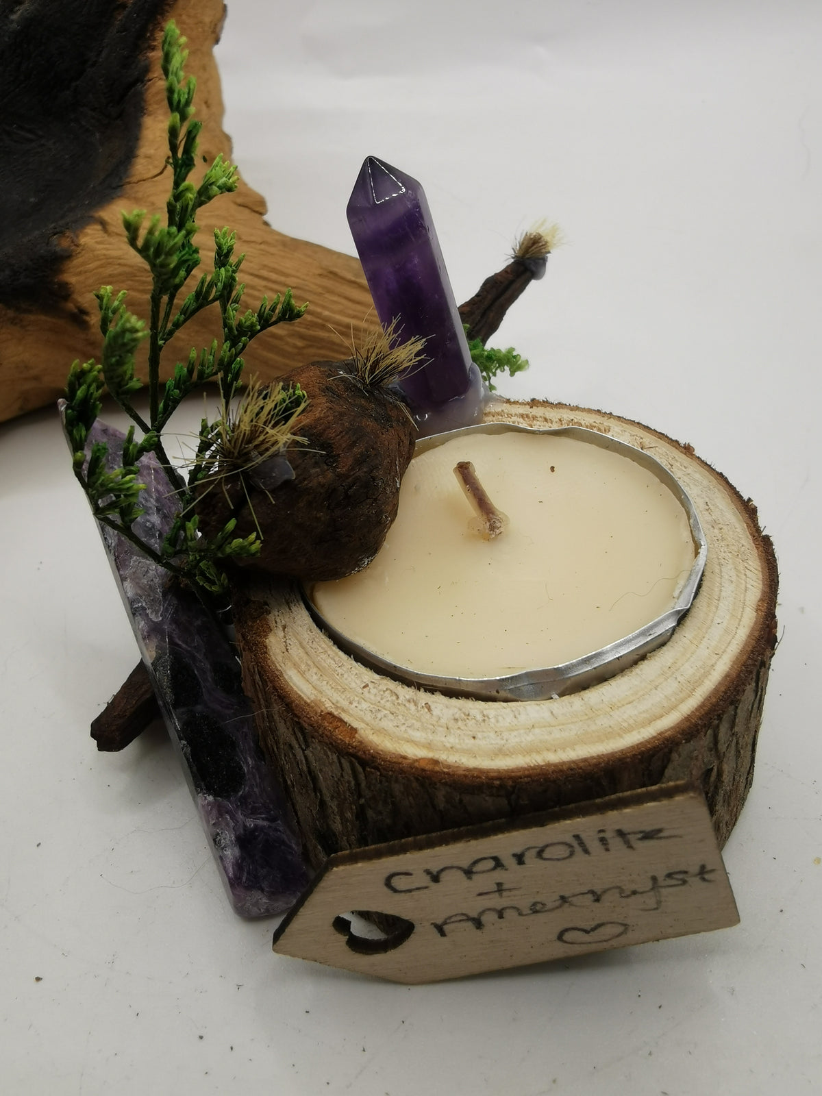 Charolite & Amethyst Point Driftwood Candle Holder