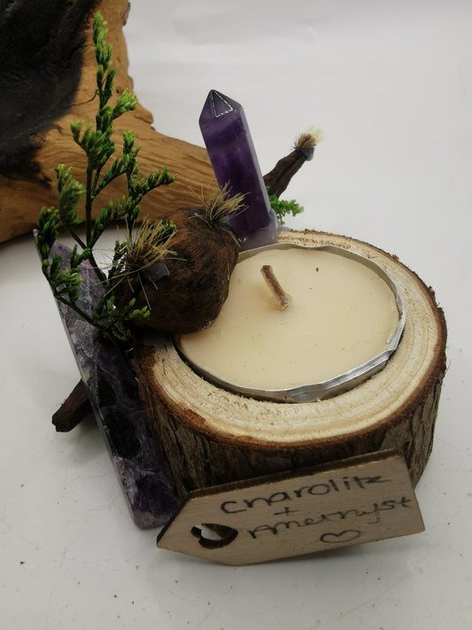 Charolite & Amethyst Point Driftwood Candle Holder