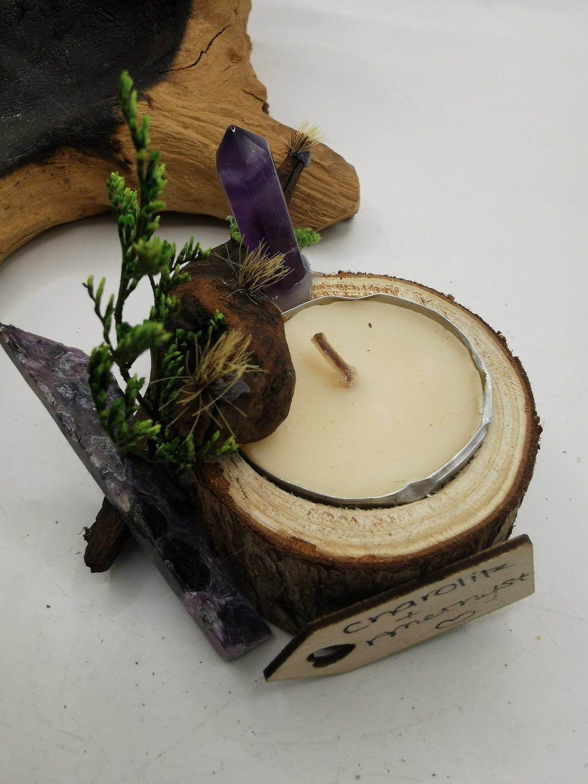 Charolite & Amethyst Point Driftwood Candle Holder