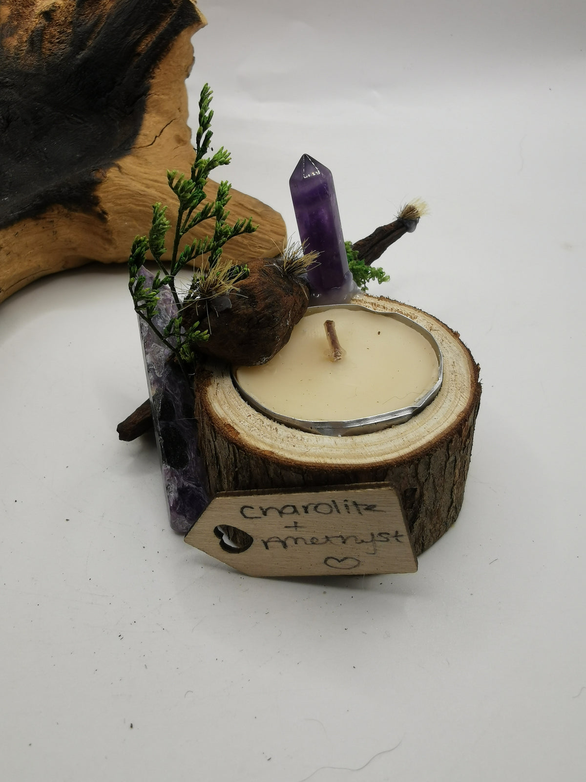 Charolite & Amethyst Point Driftwood Candle Holder