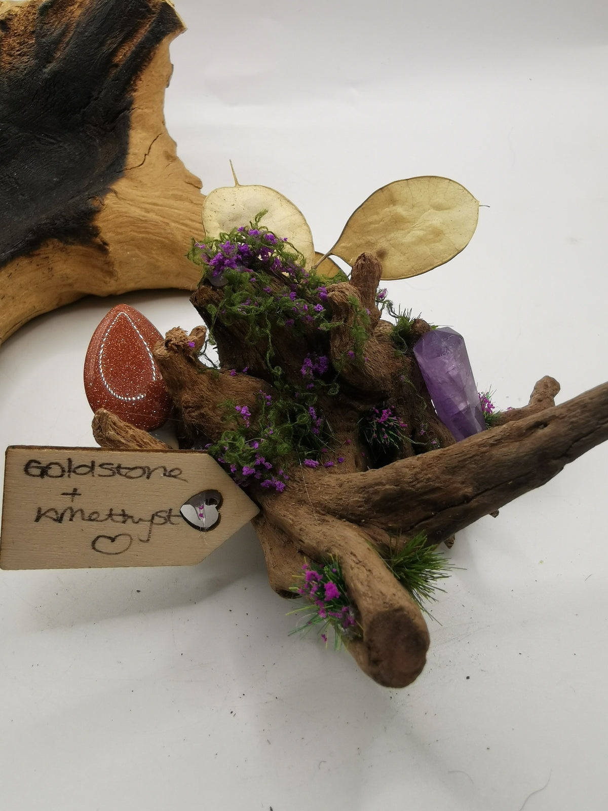 Goldstone & Amethyst Point Crystal Driftwood Ornament