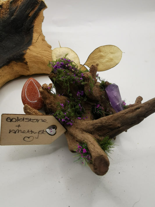 Goldstone & Amethyst Point Crystal Driftwood Ornament