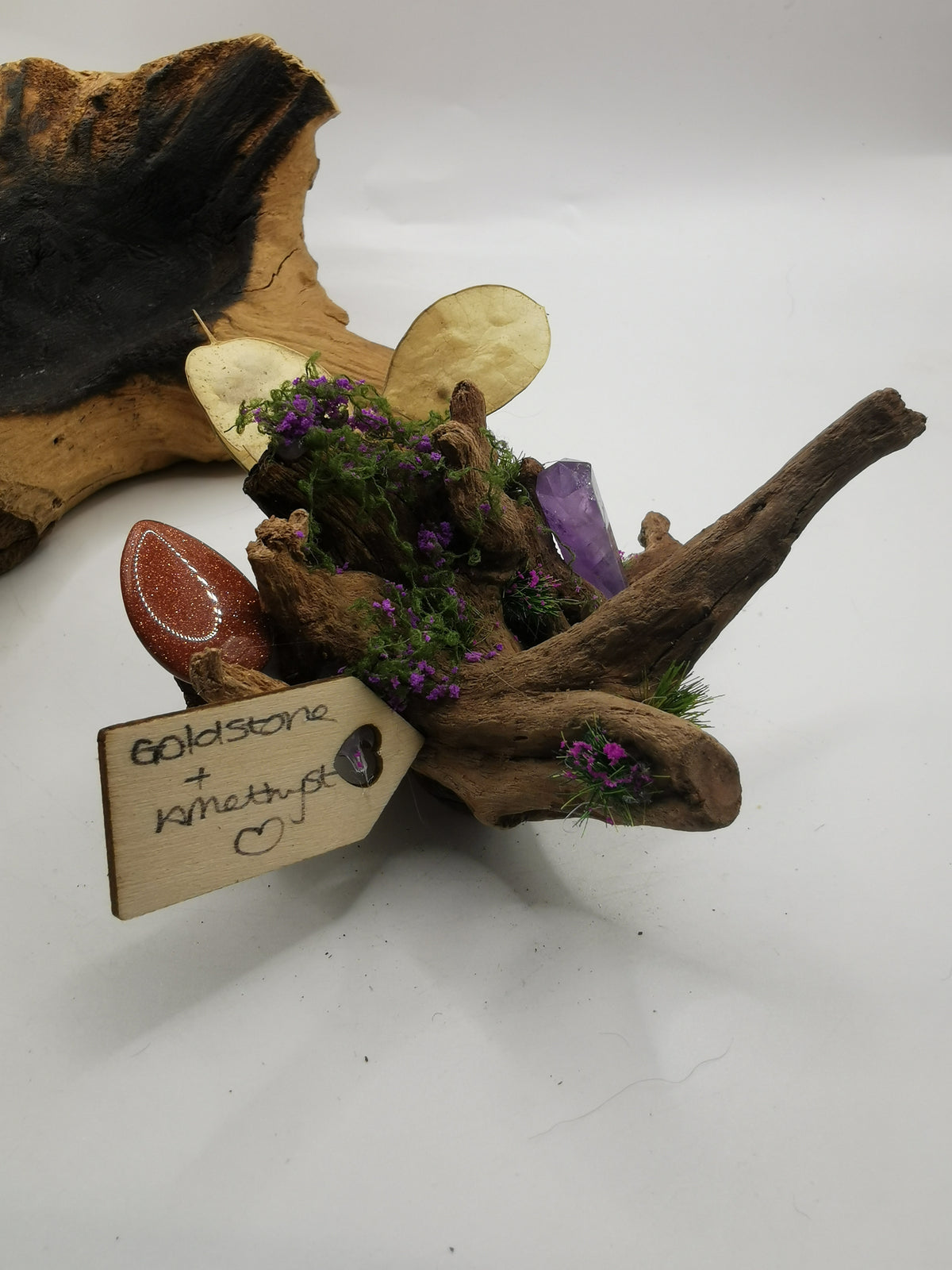 Goldstone & Amethyst Point Crystal Driftwood Ornament