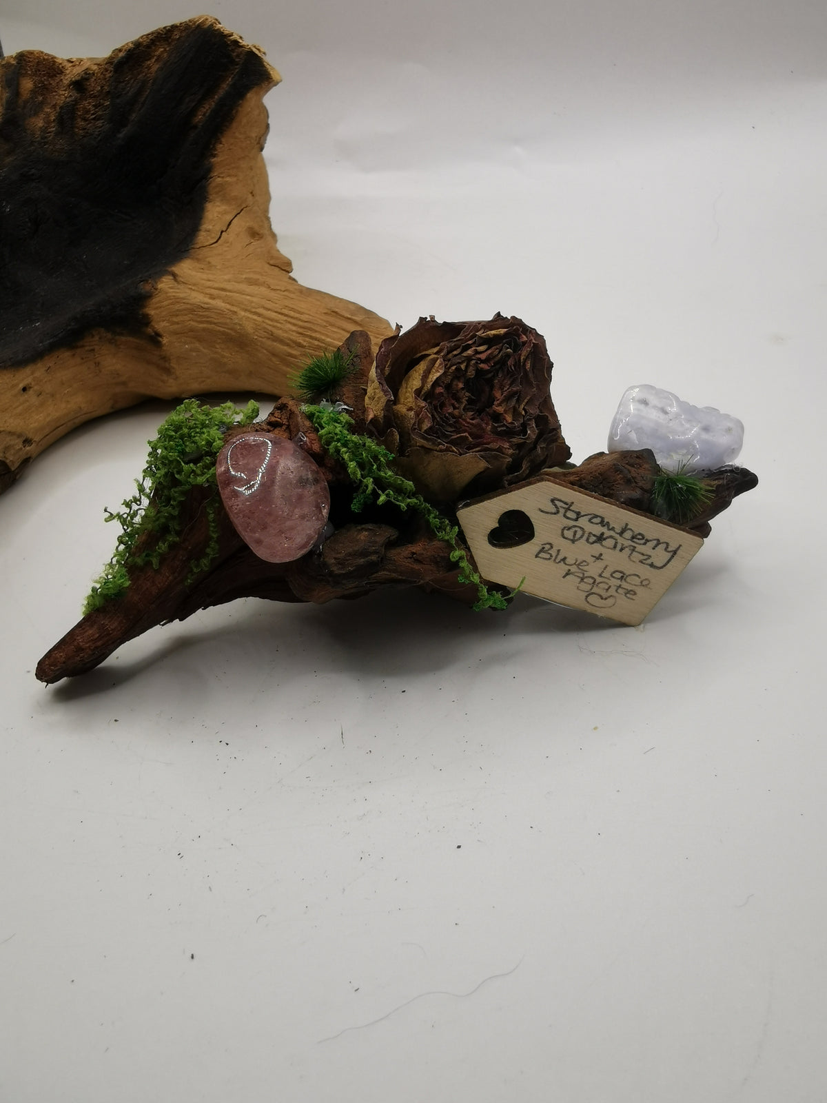 Strawberry Quartz & Blue Lace Agate Crystal Driftwood Ornament