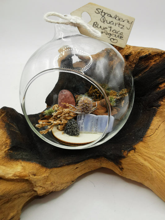 Strawberry Quartz & Blue Lace Agate Crystal Hanging Terrarium
