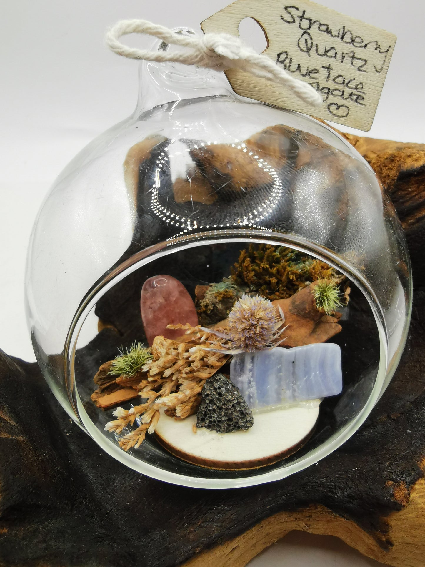 Strawberry Quartz & Blue Lace Agate Crystal Hanging Terrarium