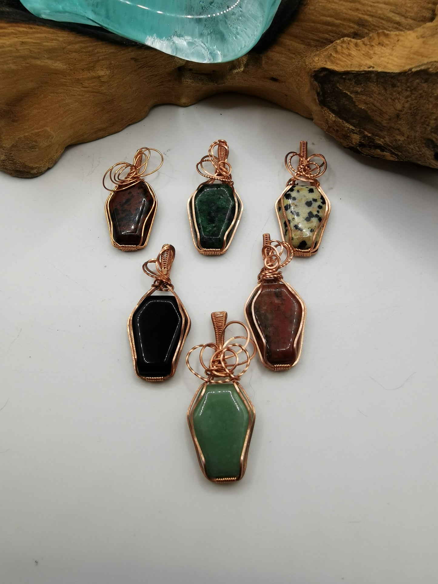 Copper Wire Wrapped Crystal Coffin Pendants