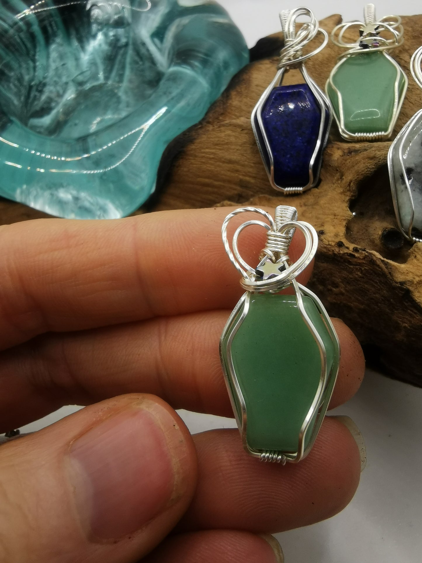 Silver Wire Wrapped Crystal Coffin Pendants