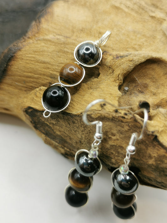 Triple Protection Bead Earrings and Pendant Set