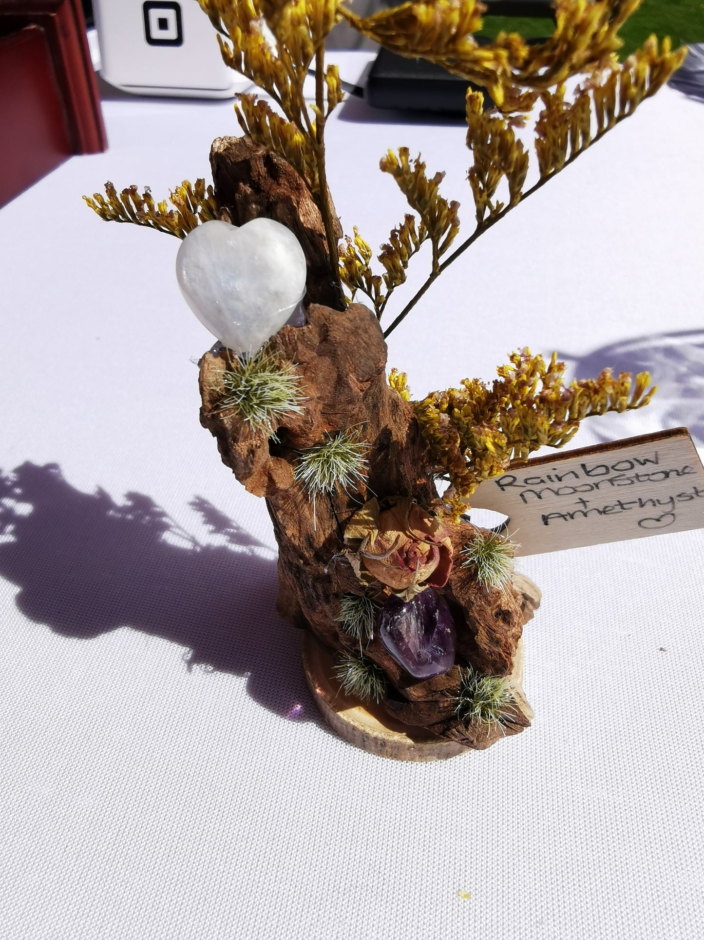 Rainbow Moonstone & Amethyst Driftwood Ornament