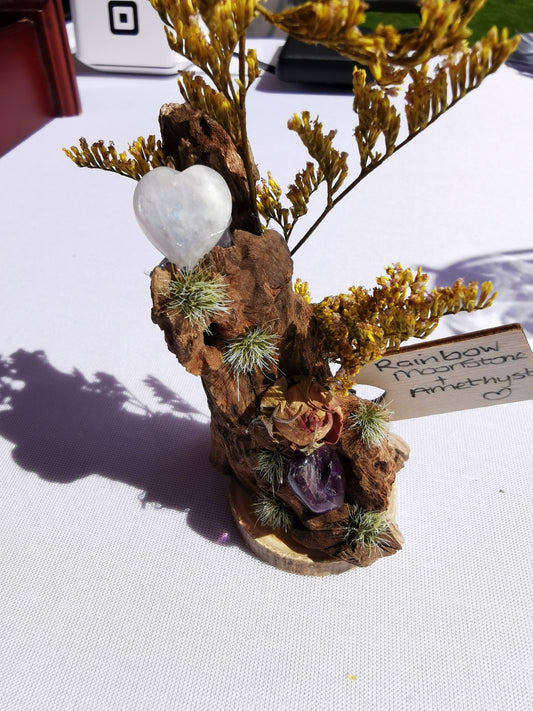 Rainbow Moonstone & Amethyst Driftwood Ornament