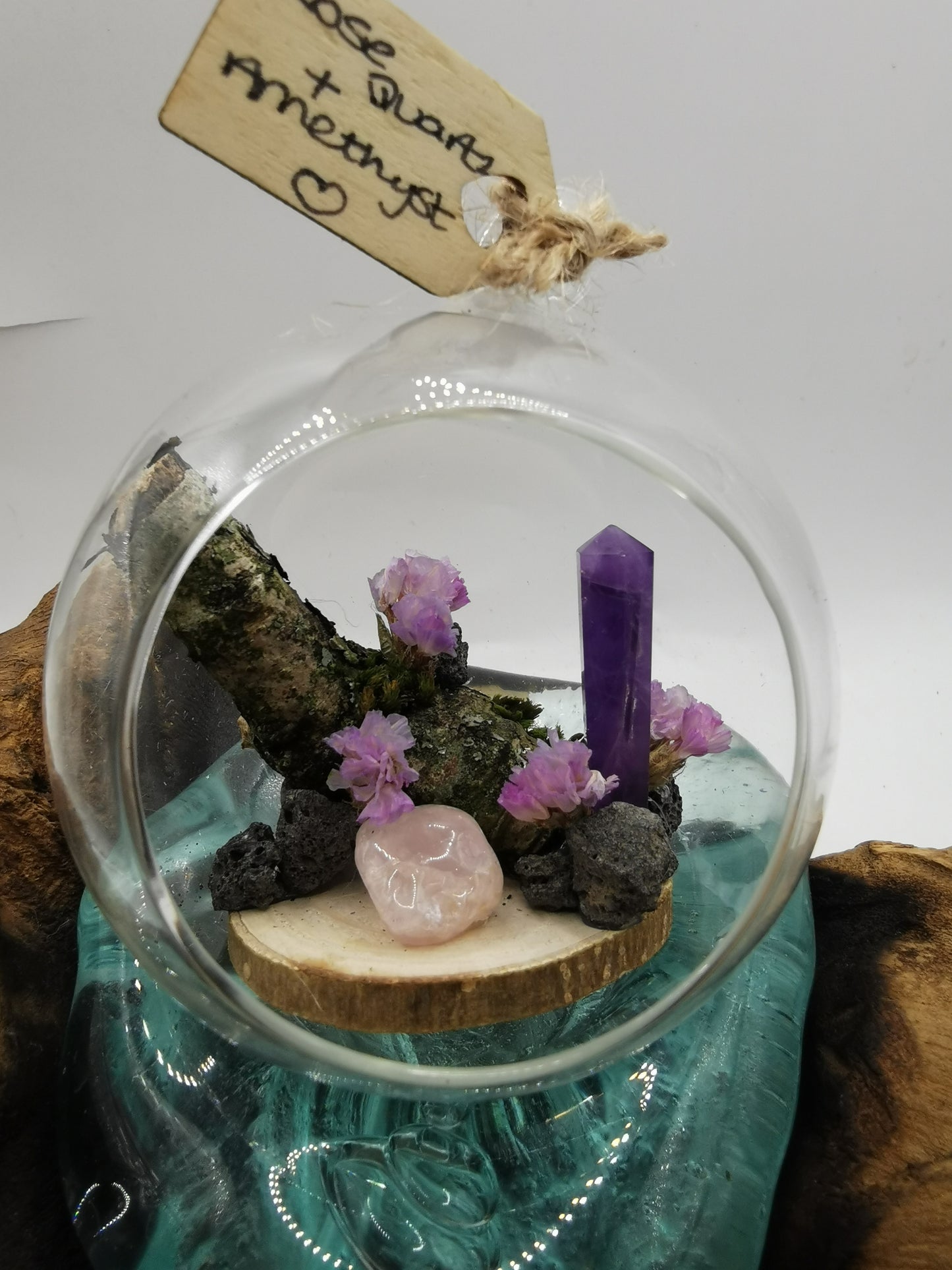 Rose Quartz & Amethyst Crystal Hanging Terrarium