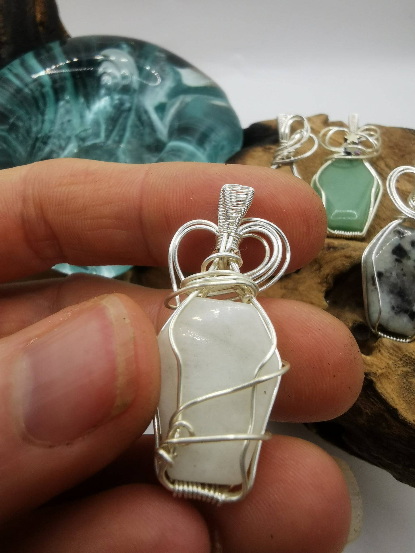 Silver Wire Wrapped Crystal Coffin Pendants