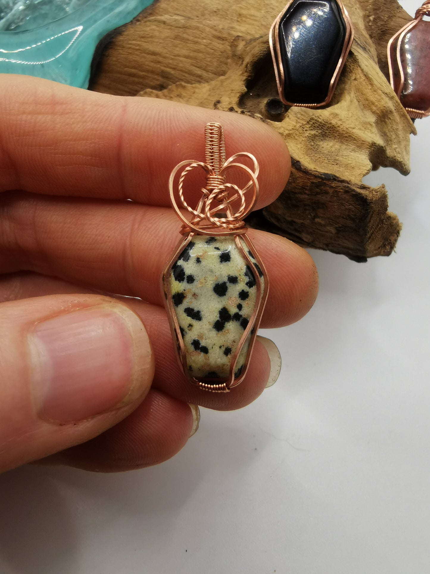 Copper Wire Wrapped Crystal Coffin Pendants