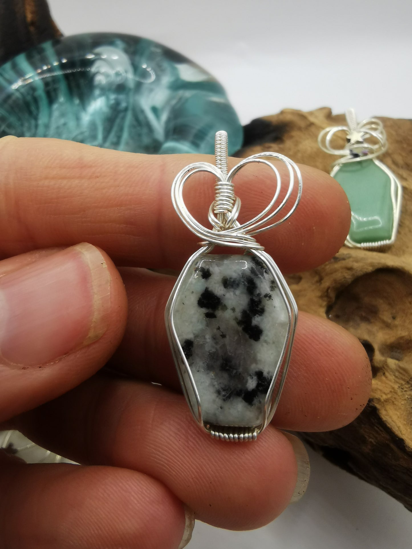 Silver Wire Wrapped Crystal Coffin Pendants