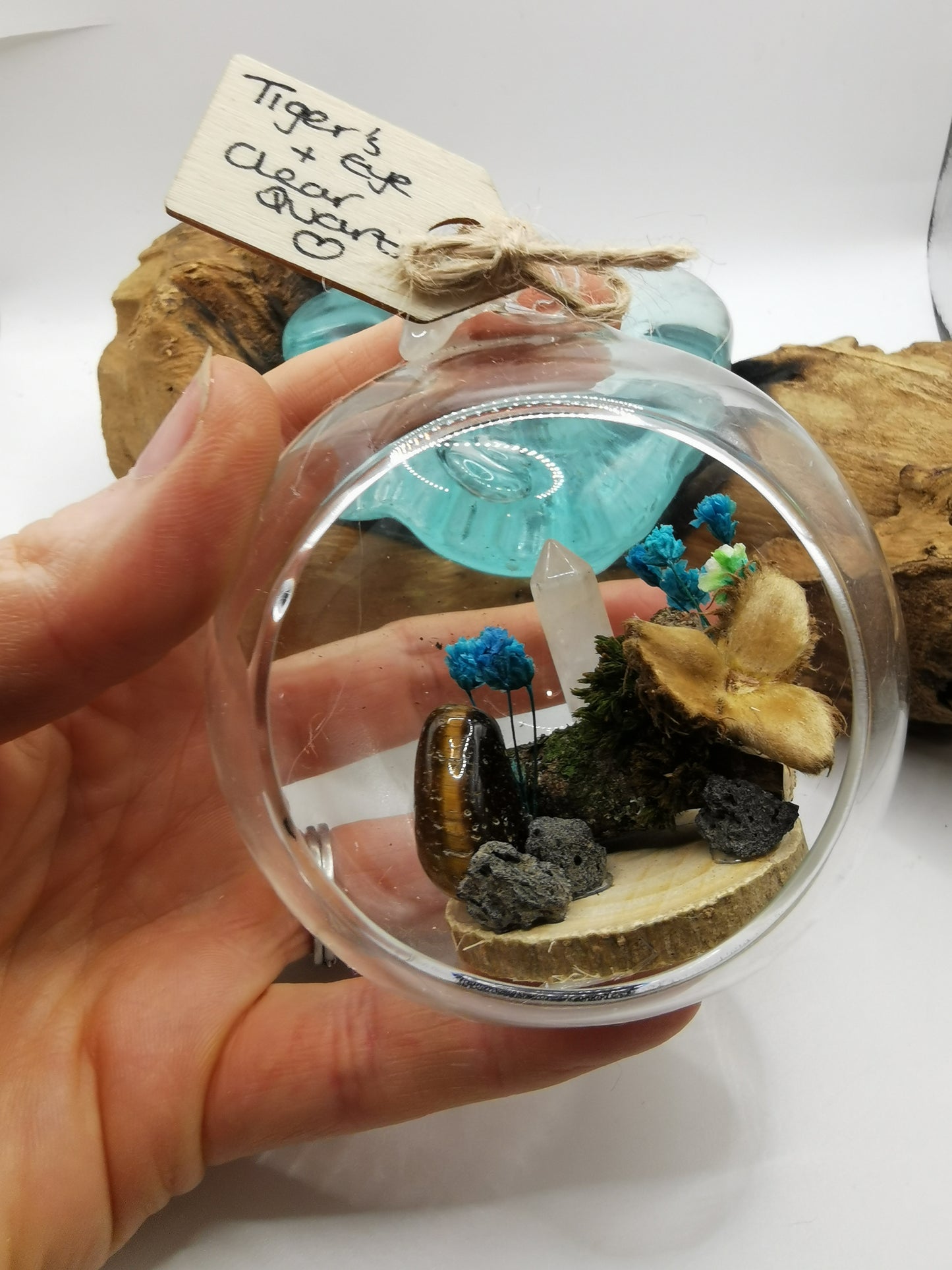 Tiger's Eye & Clear Quartz Crystal Hanging Terrarium