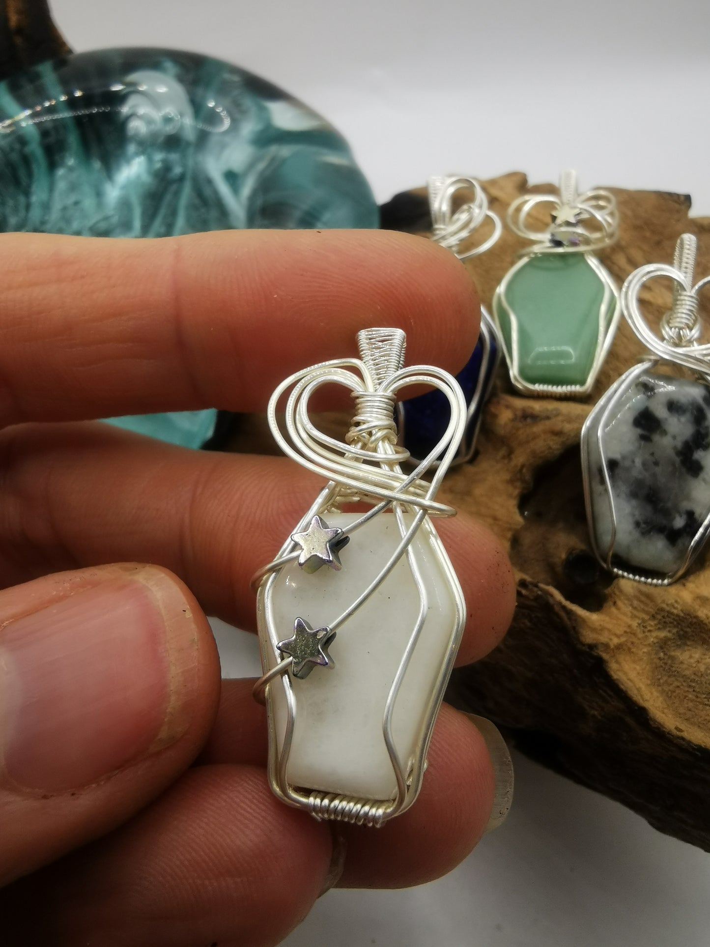Silver Wire Wrapped Crystal Coffin Pendants