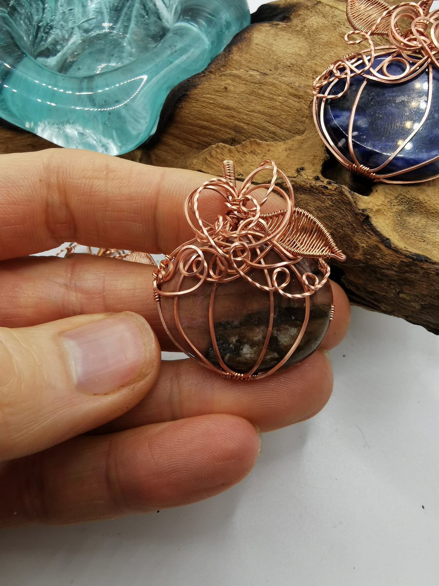 Copper Wire Wrapped Crystal Pumpkin Pendants