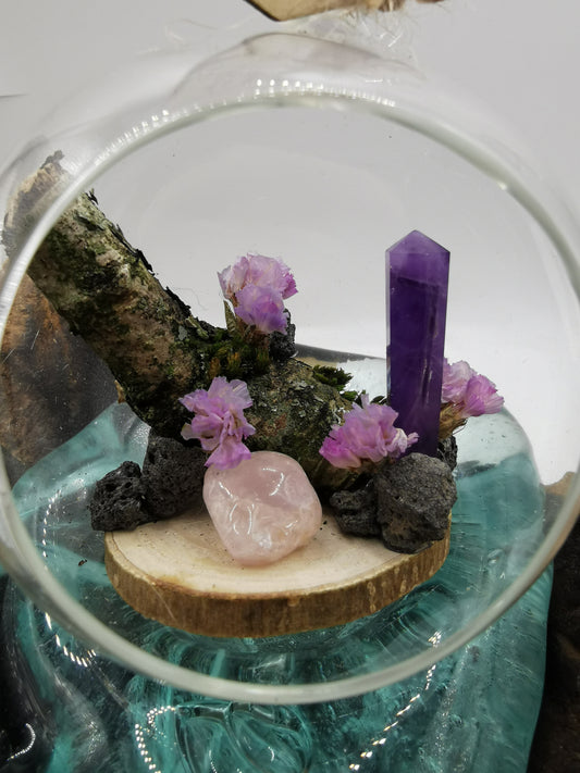 Rose Quartz & Amethyst Crystal Hanging Terrarium