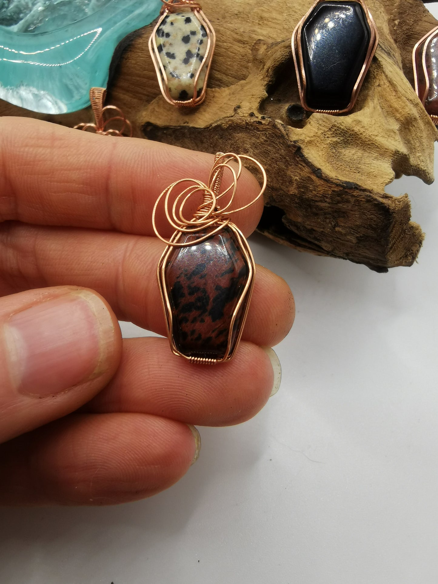 Copper Wire Wrapped Crystal Coffin Pendants