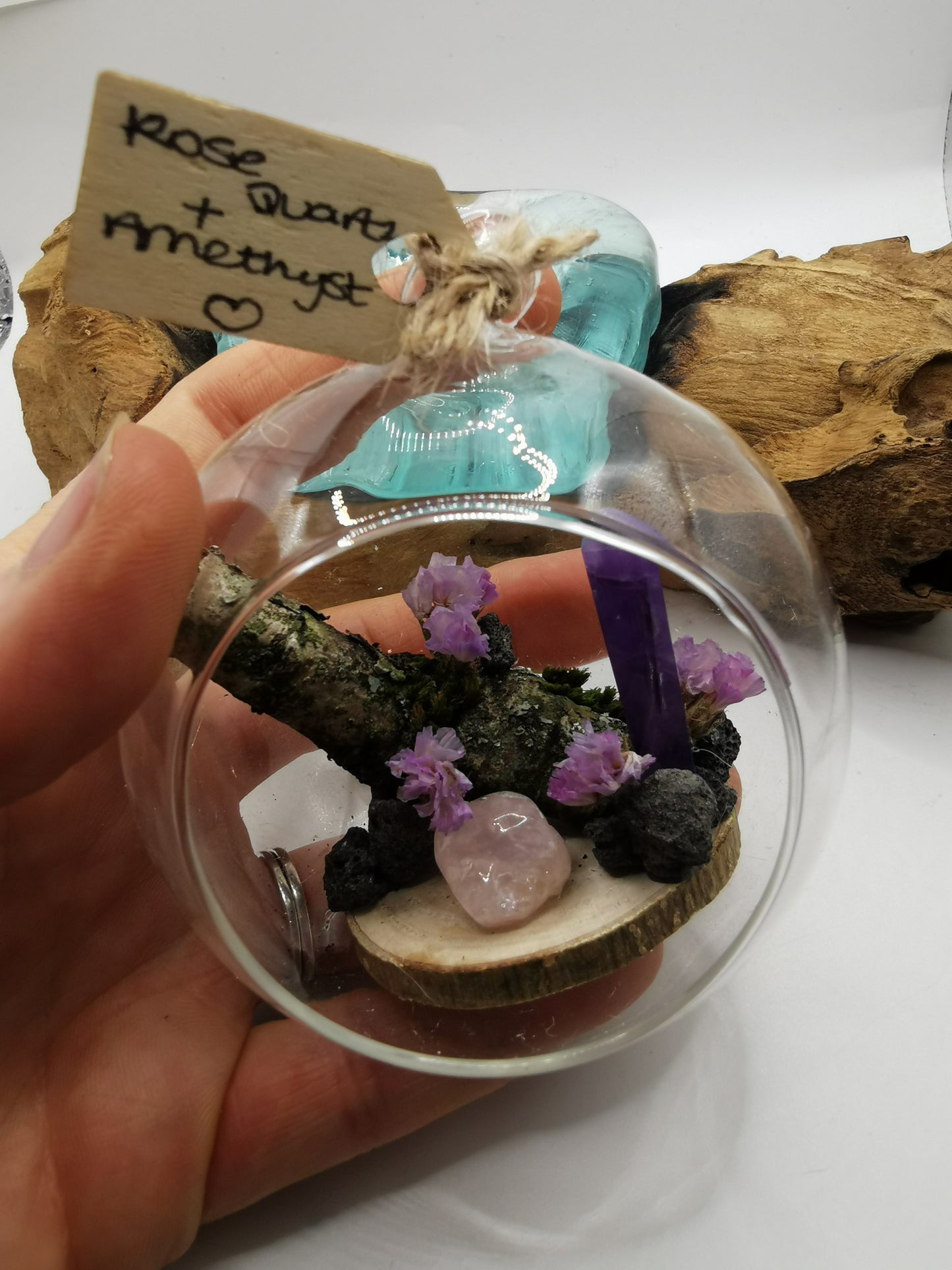 Rose Quartz & Amethyst Crystal Hanging Terrarium