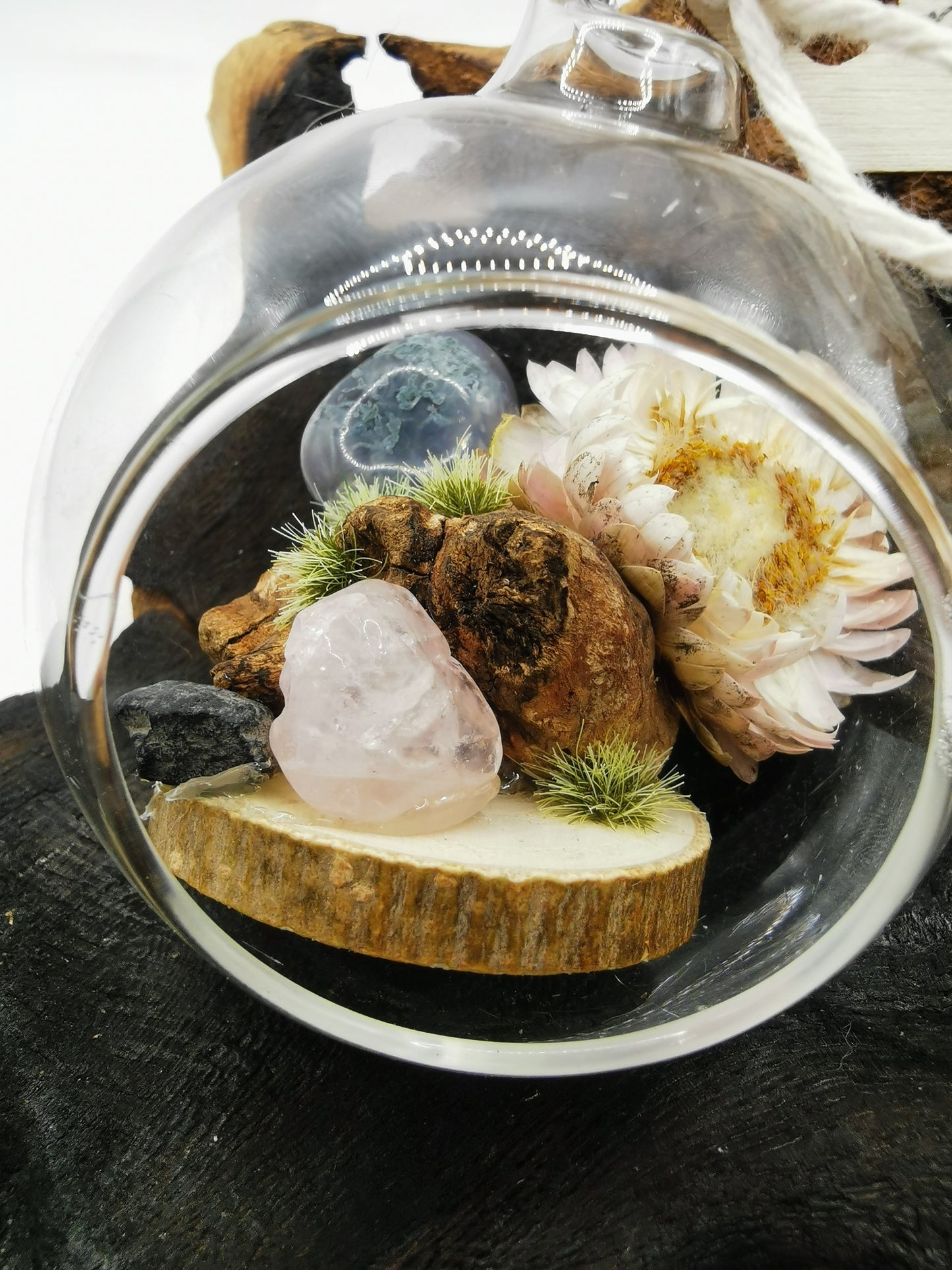Moss Agate & Rose Quartz Crystal Hanging Terrarium