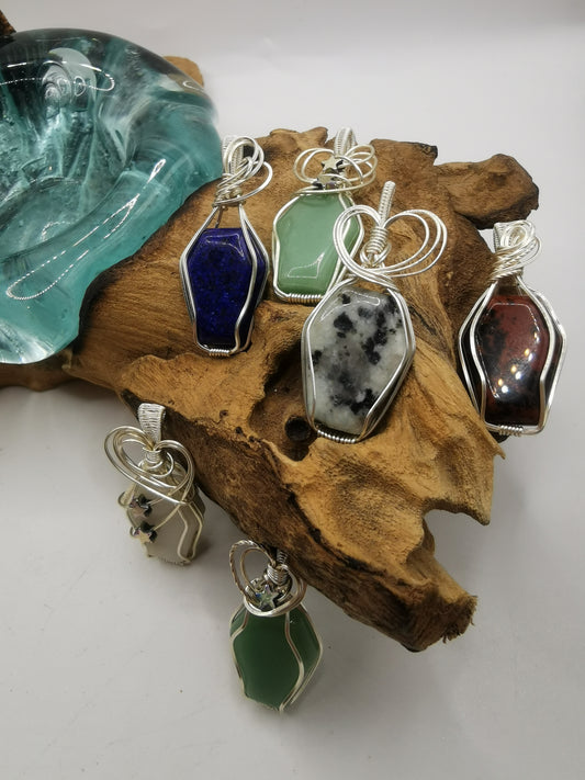 Silver Wire Wrapped Crystal Coffin Pendants