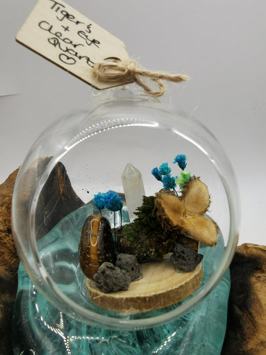 Tiger's Eye & Clear Quartz Crystal Hanging Terrarium