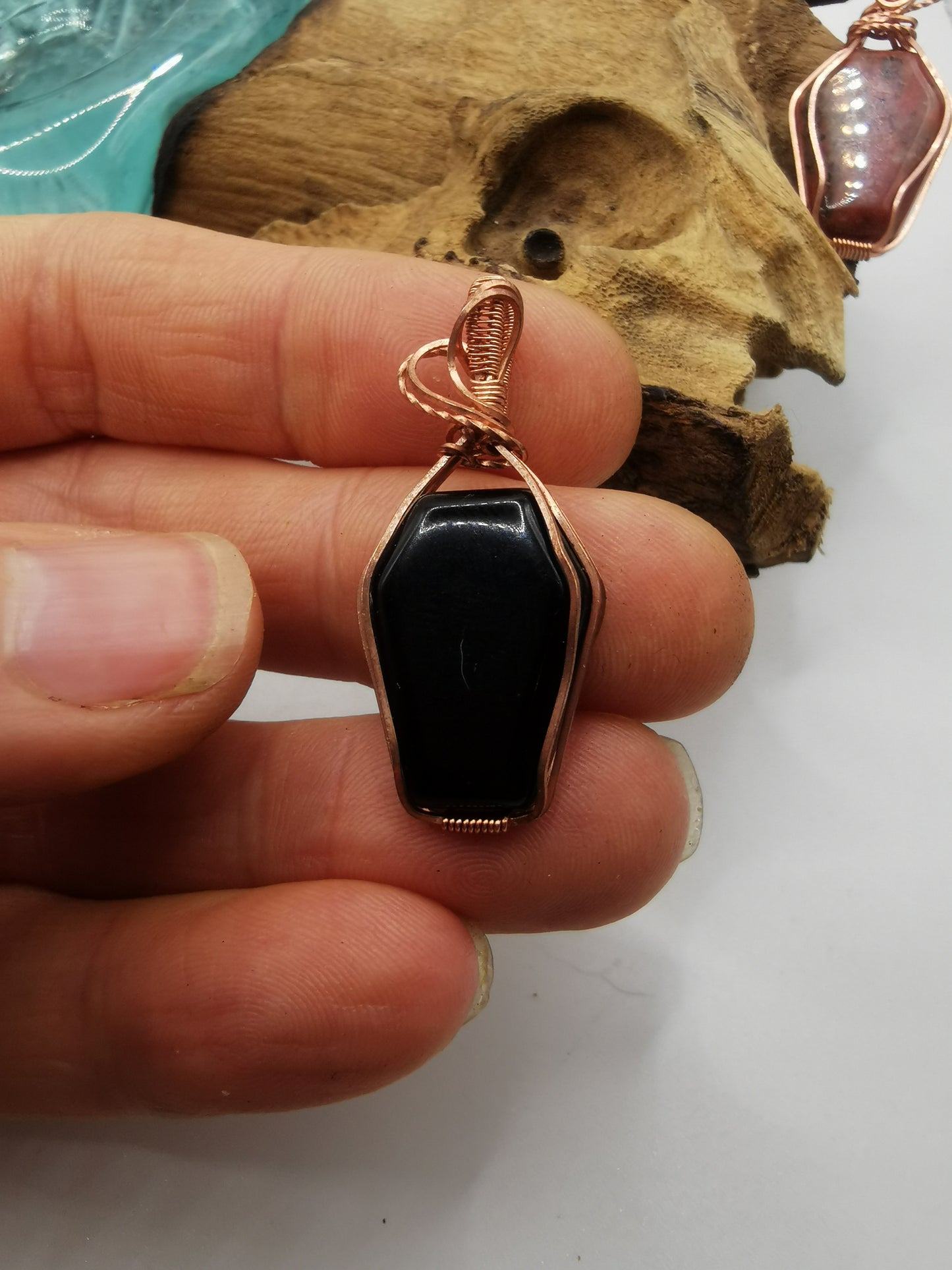 Copper Wire Wrapped Crystal Coffin Pendants