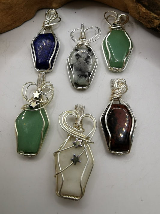 Silver Wire Wrapped Crystal Coffin Pendants