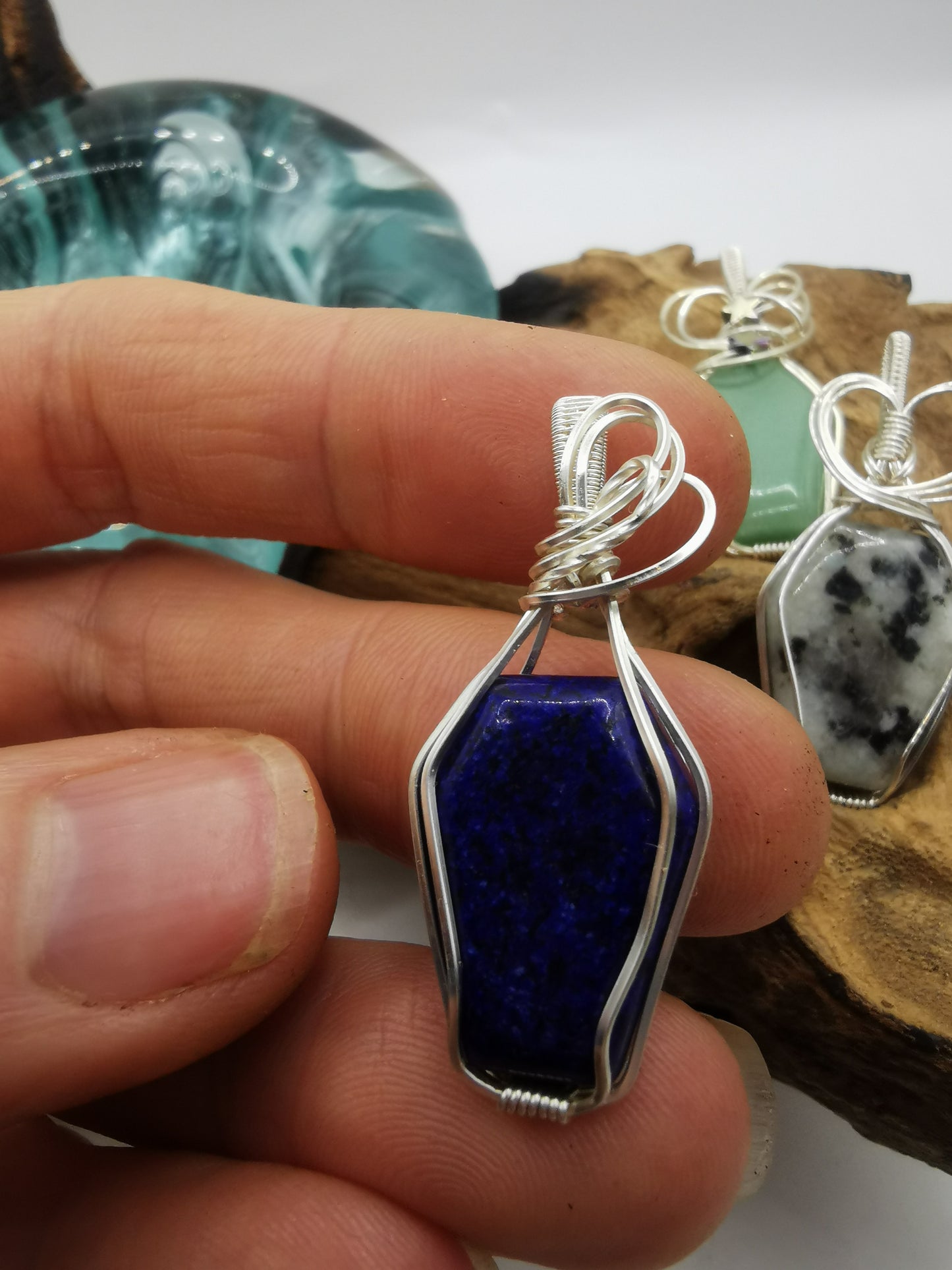 Silver Wire Wrapped Crystal Coffin Pendants