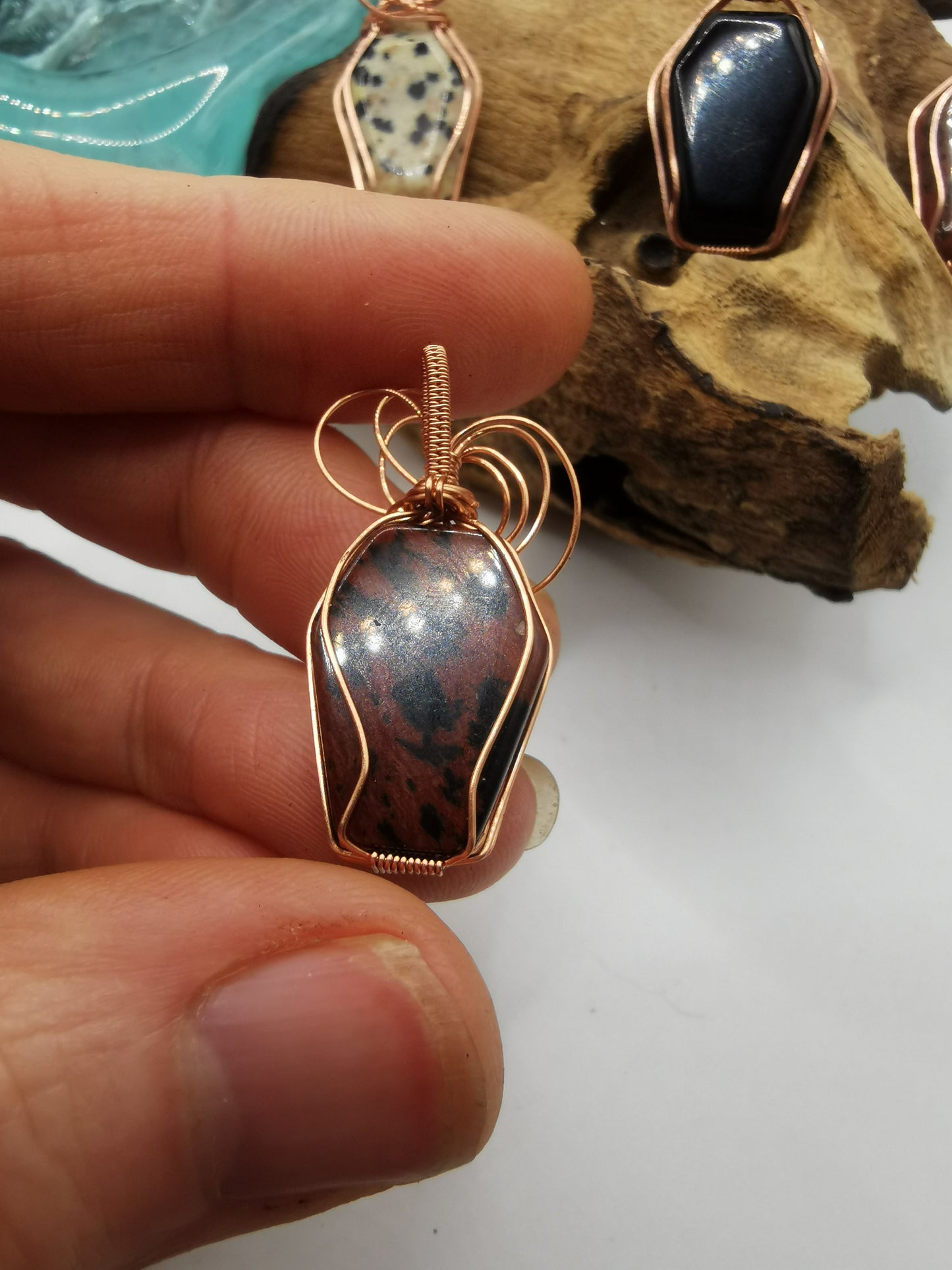 Copper Wire Wrapped Crystal Coffin Pendants