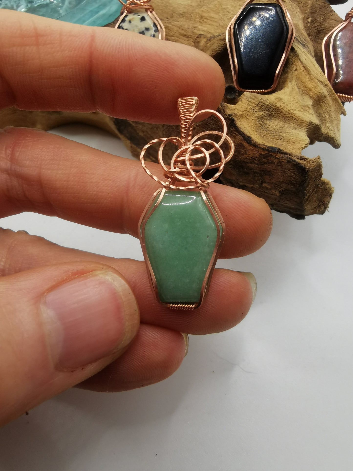 Copper Wire Wrapped Crystal Coffin Pendants