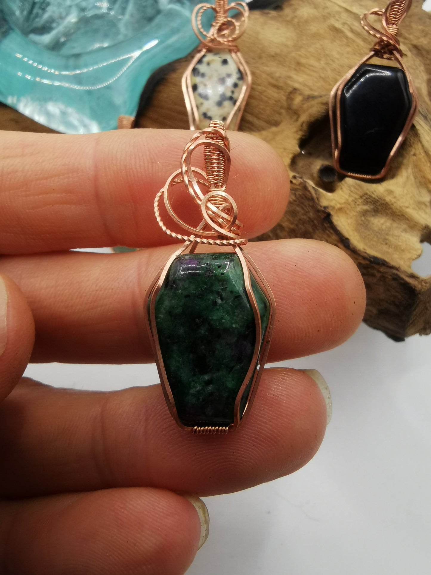 Copper Wire Wrapped Crystal Coffin Pendants
