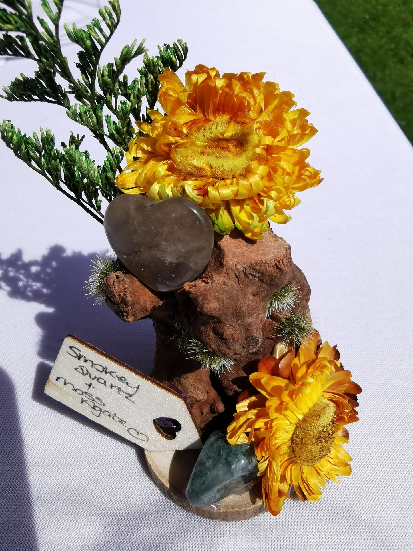 Smokey Quartz & Moss Agate Driftwood Ornament